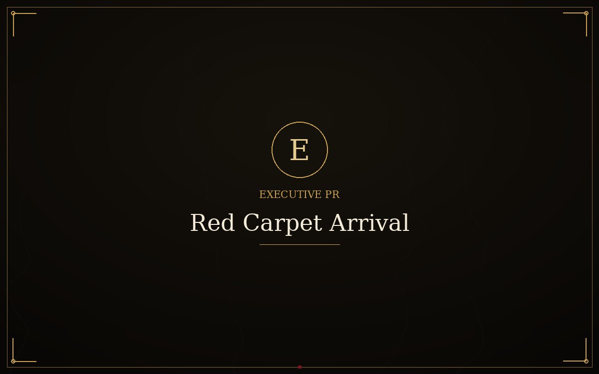 A black luxury sedan arriving on a red carpet beneath warm gold lighting as photographers gather